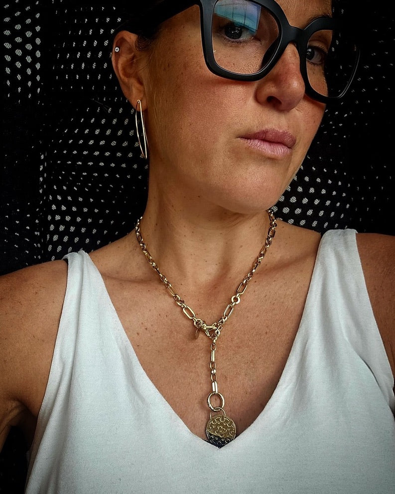 IFI BIJOUX LUNARA necklace — gold-filled oval-link chain with double-sided lunar phases charm. Grace in Motion. Glamour on Arrival.